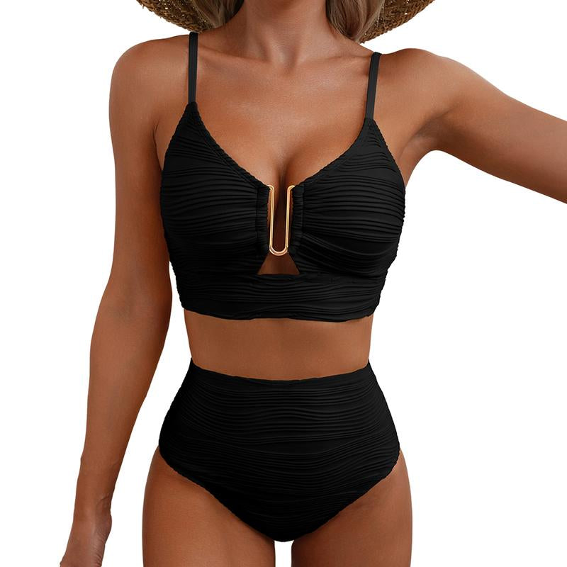 Aleumdr 2 Piece Bikini Set U-Wire Cutout Swimsuit High Waisted Textured 2025 Summer Swimming Clothing Beach Water Sports Fathersdaygift