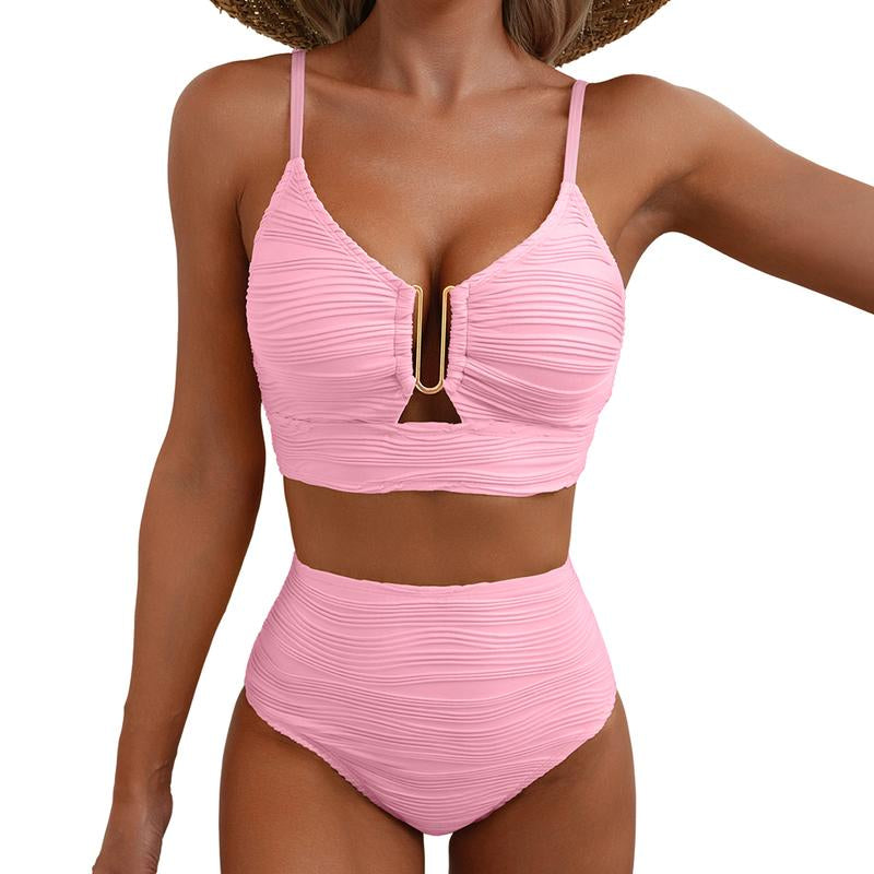 Aleumdr 2 Piece Bikini Set U-Wire Cutout Swimsuit High Waisted Textured 2025 Summer Swimming Clothing Beach Water Sports Fathersdaygift