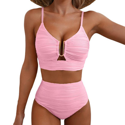 Aleumdr 2 Piece Bikini Set U-Wire Cutout Swimsuit High Waisted Textured 2025 Summer Swimming Clothing Beach Water Sports Fathersdaygift